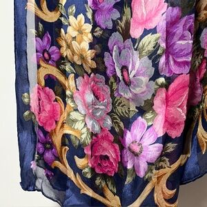 Hiroko Elegant vintage Navy pink Floral scrollwork classic pure silk Scarf